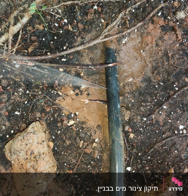 צינור מים שבור עם דליפה באדמה